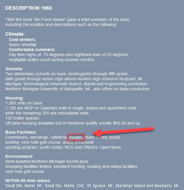 Depot Cinema (Woodside Depot Cinema, Kinross Depot Cinema) - Description Of Kinchloe Afb From 1965 (newer photo)